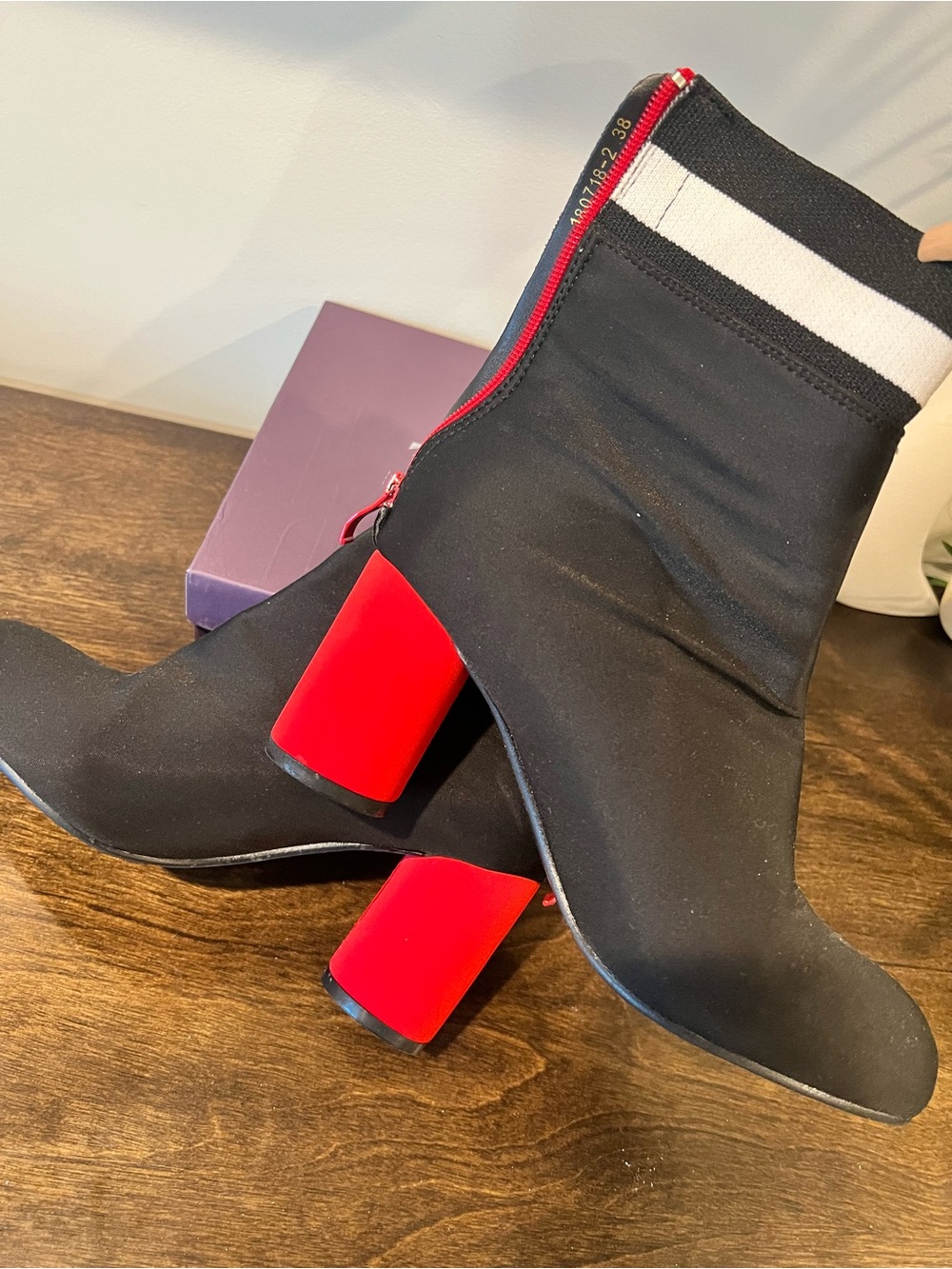 Black Stretch Sock Boot with Red Block Heel - Women